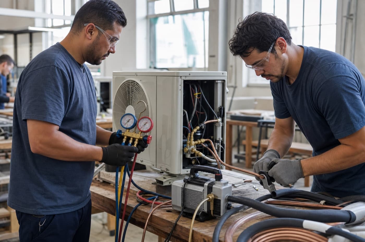 Turma de HVAC em bancada de refrigeração