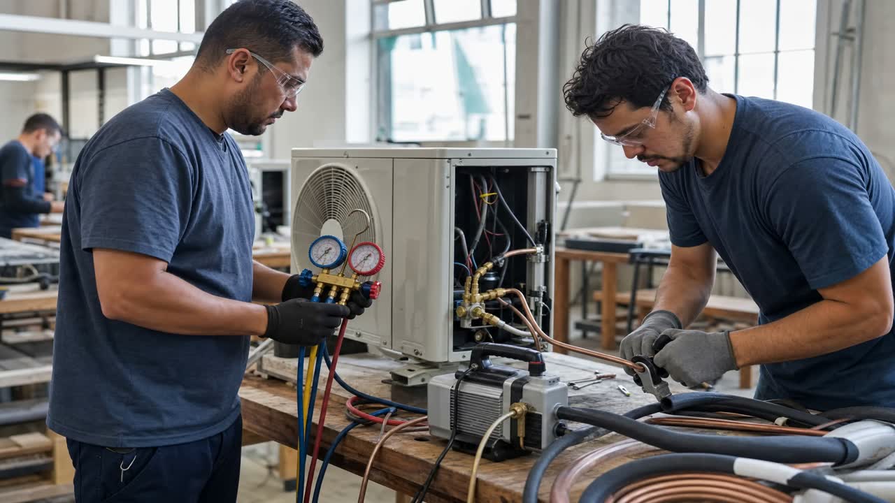 Bancada de refrigeração durante a aula prática, no laboratório da escola